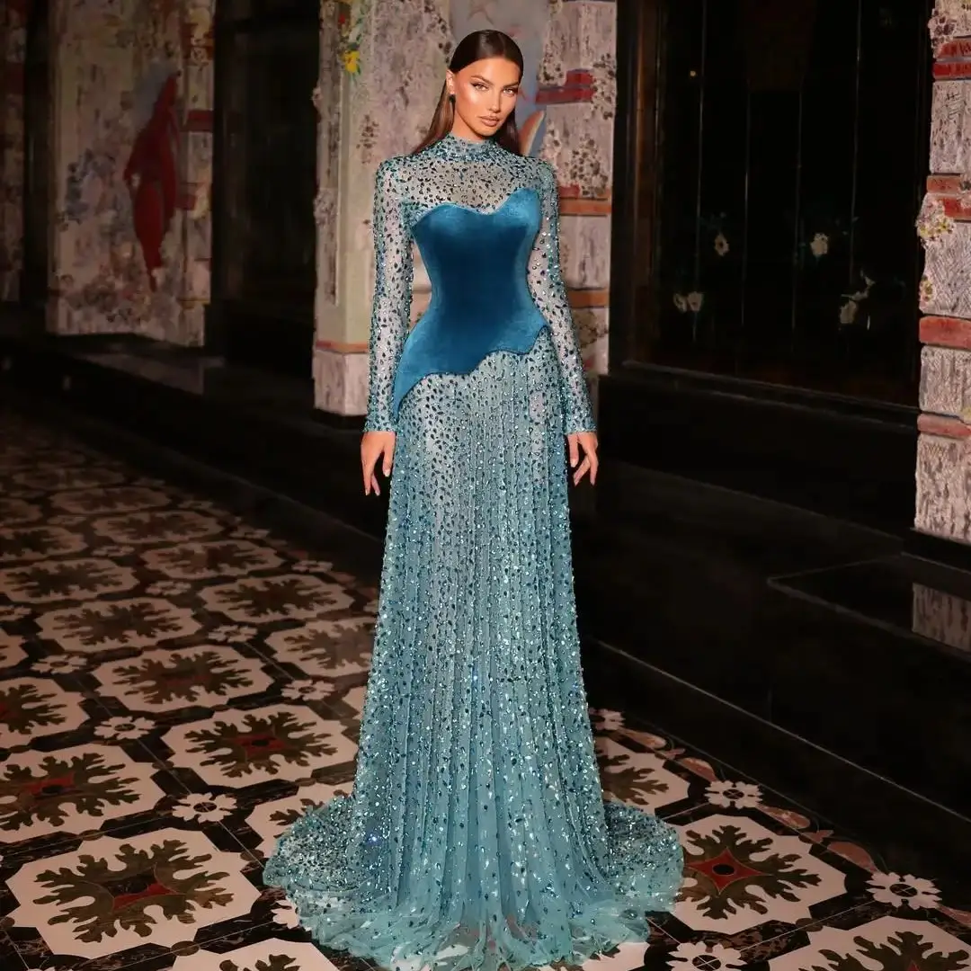 Luxury Blue Fashion Turtleneck Sequin Crystal Velvet Patchwork Mesh Draped Floor Length Slim Fitting Evening Prom Party Dress