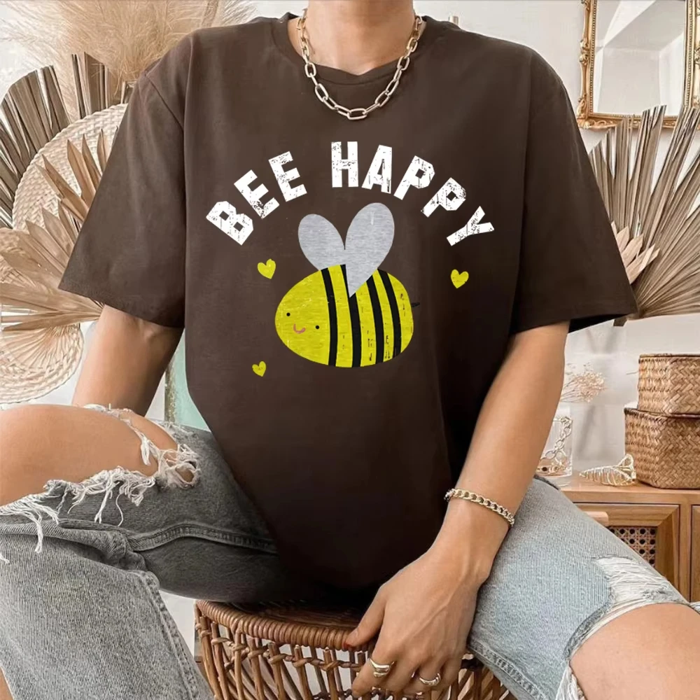 

Kawaii Bee Happy Women's Slogan T-Shirt Funny Be Happy Short-sleeve Shirt Vintage Honey Bee Graphic Tee Women Y2k Harajuku Tops