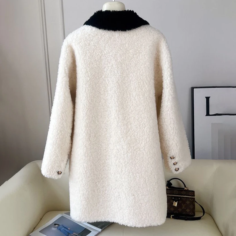 Kontrastfarbene Lammwolljacke für Damen, Mantel, Herbst und Winter 2026, neues Fell, einteilig, schlankmachend, warm, mittellang, dicke Pelzjacke