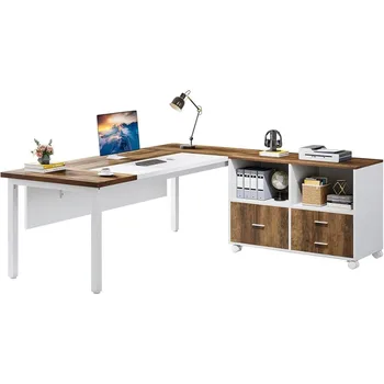 63 אינץ '-שולחן מנהלים בצורת L, ארון קבצים שולחן עבודה עם מגירות, ערכת שולחן credenza עבור הבית