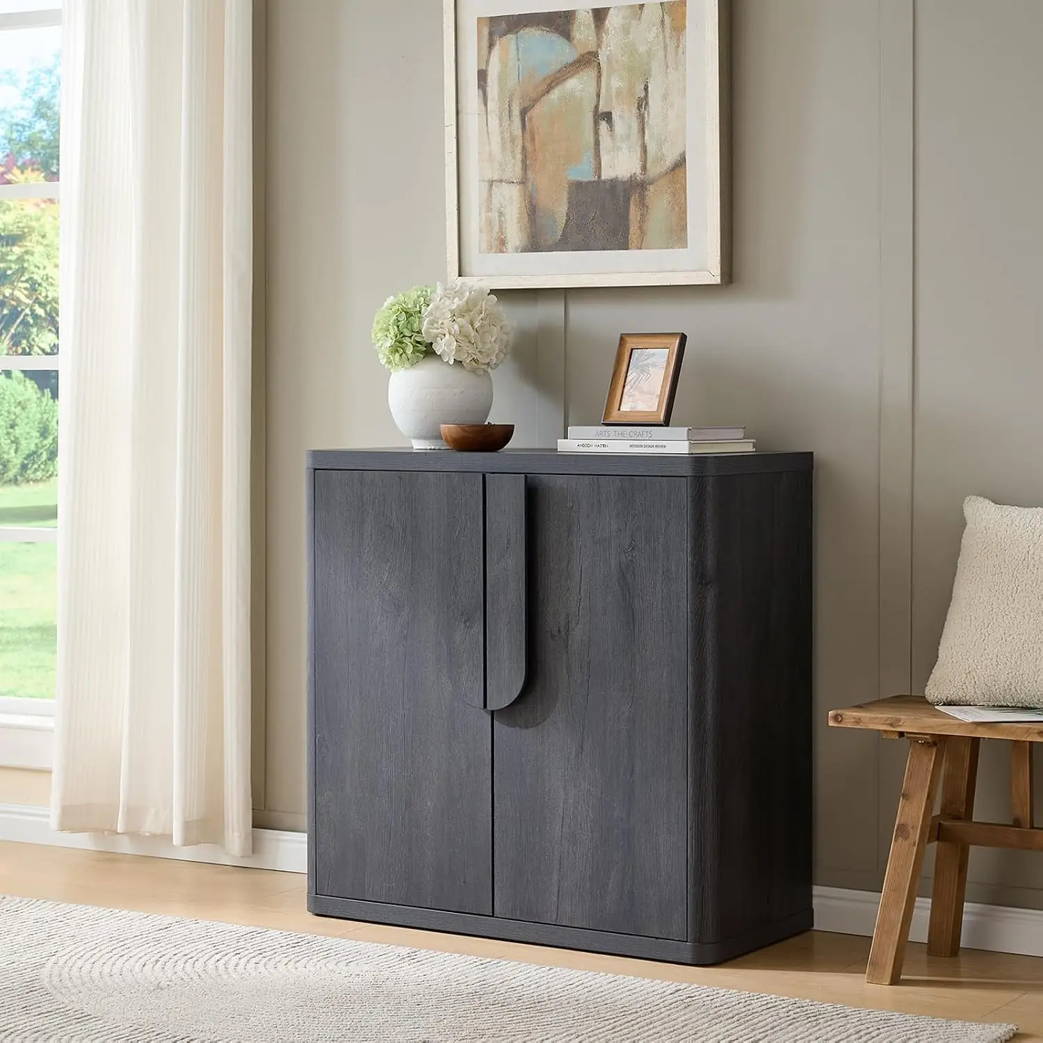 31.14'' Sideboard Buffet Cabinet W/Storage, Modern Accent Cabinets W/Curved Handles & Adjustable Shelves, 2 Doors Coffee Bar Buf