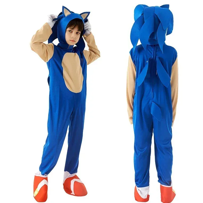 

Anime Sonic The Hedgehog Costume Kids Game Sonic Playing Jumpsuit Halloween Cosplay Suit Steering Wheel White Gloves Accessories