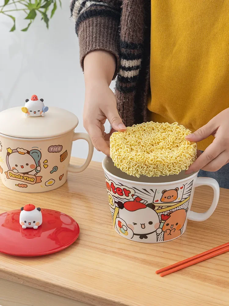 

2024 Cute Lesser Panda Yier Bubu Instant Noodle Bowl With Cover And Handle Ceramic Bowl Student Birthday Gifts