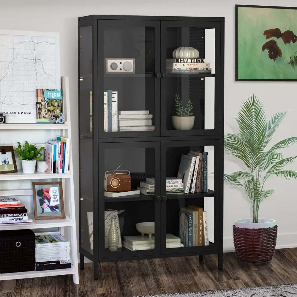 

Modern Glass Metal Display Cabinet with 4 Doors Classic Black 59" Tall Home Office Cabinet Free Standing Bookcase