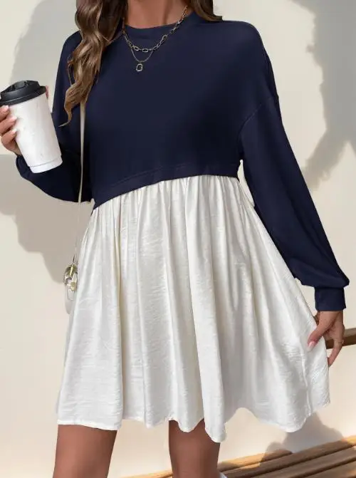 

2025 New Autumn Sweet and Casual Lazy Style Round Neck Long Sleeved Color Blocked Loose Dress
