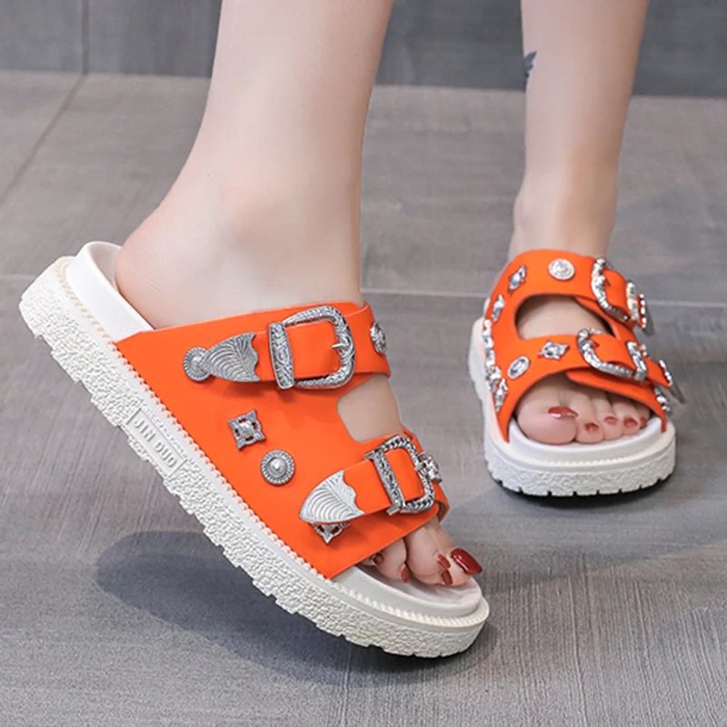 Fashion Women Summer Punk Slippers Thick Bottom Metal Decoration Outdoor Non-Slip Sandal Flip Flop Casual Shoe For Female 35-42