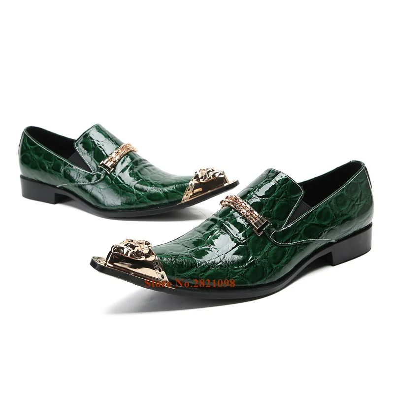 Green Blue Crocodile Lines Metal Chain Metal Toe Male Flats Men Business Dancing Dress Shoes Pointed Toe Shoes