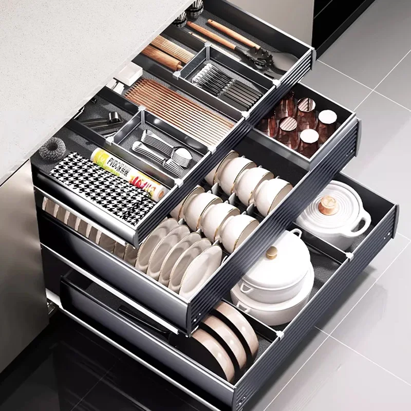 

Basket Kitchen Cabinet Drawer Type Space Aluminum Alloy Triple Built-in Pots Dish Rack Seasoning Bowl Basket