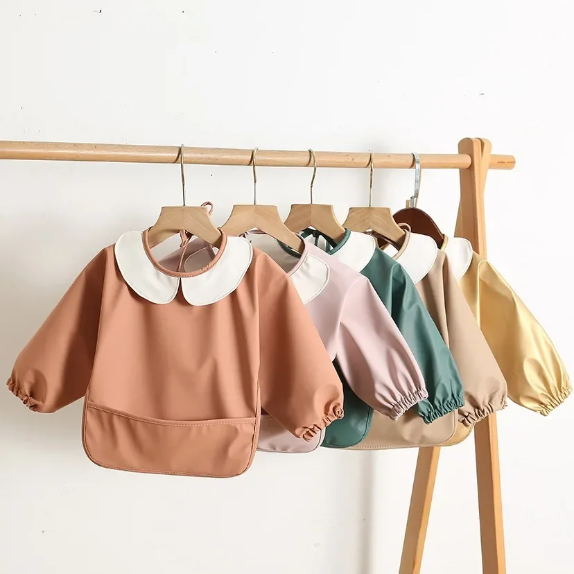 

Fashion Baby Bibs Anti-dirty Toddler Reverse Dressing Waterproof Children Feeding Apron Kids PU Meals Bags Long Sleeve