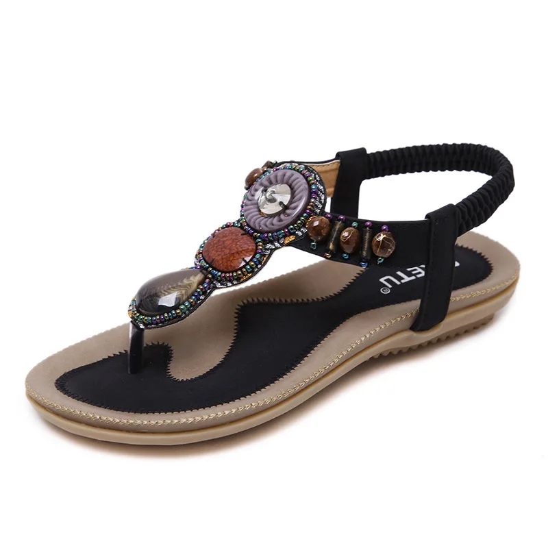 SIKETU Brand Summer Fashion 2022 BOHO Retro Beaded Jeweled Sandals donna Beach tacchi piatti Extoic Sweet T-strap Shoes Clip Toe 42