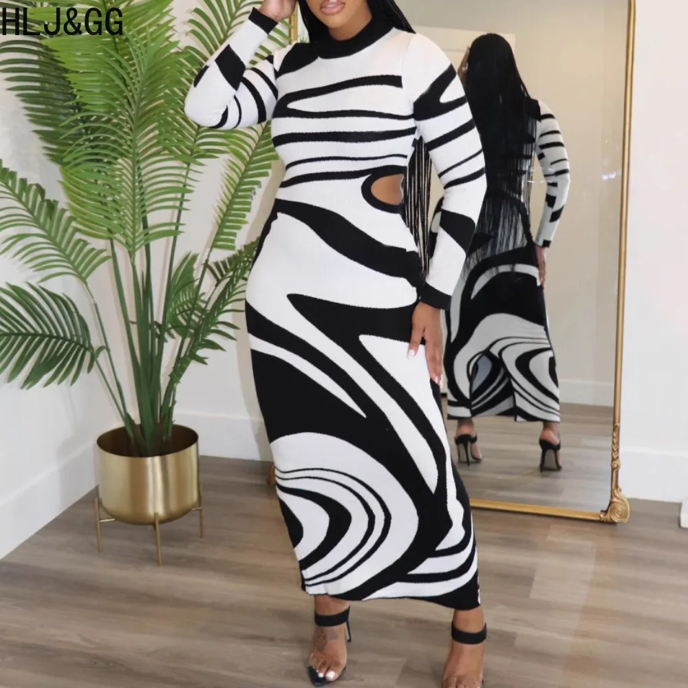 

HLJ&GG Autumn Winter Fur Stripe Printing Bodycon Long Dresses Women Round Neck Long Sleeve Hollow Out Slim Vestidos Clothing