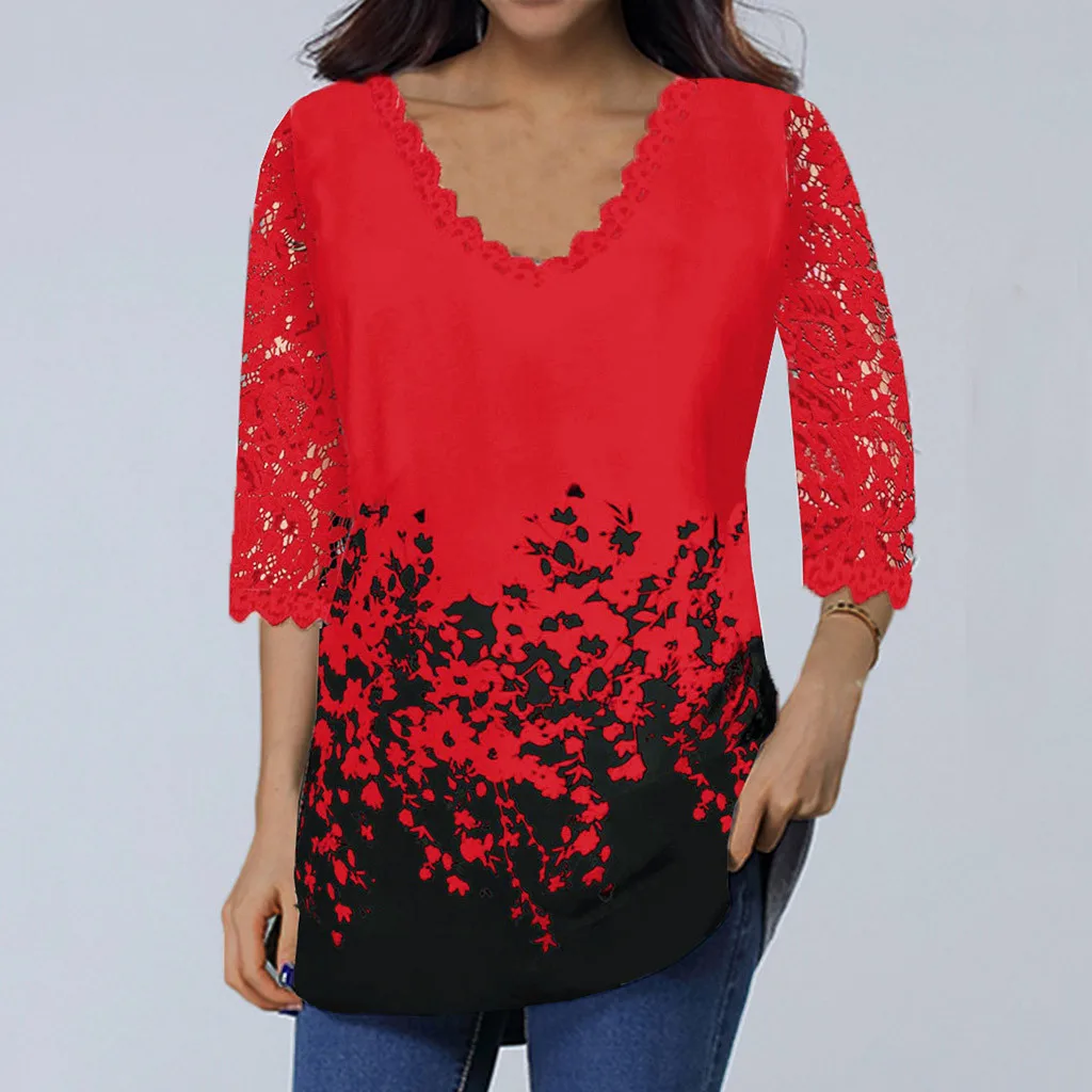 2024 new Women\'s Lace 3/4 Sleeve V Neck T Shirt Ladies Floral Blouse Tunic Tops Plus Size