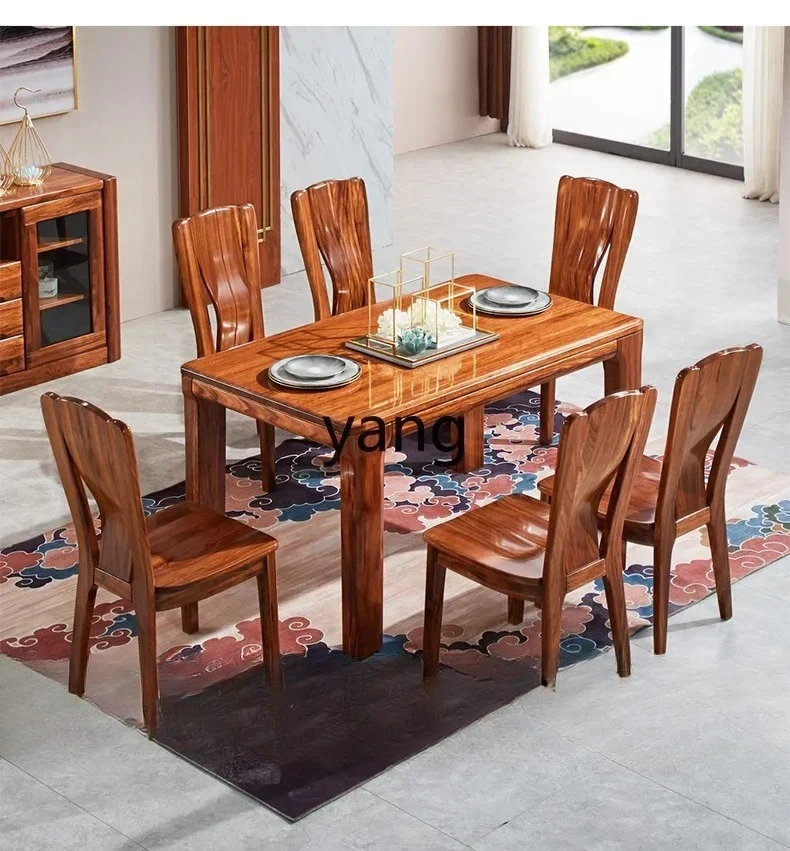 LHM,  Ebony Wood Dining Table All Solid Wood Rectangular New Chinese Style Household Round Table