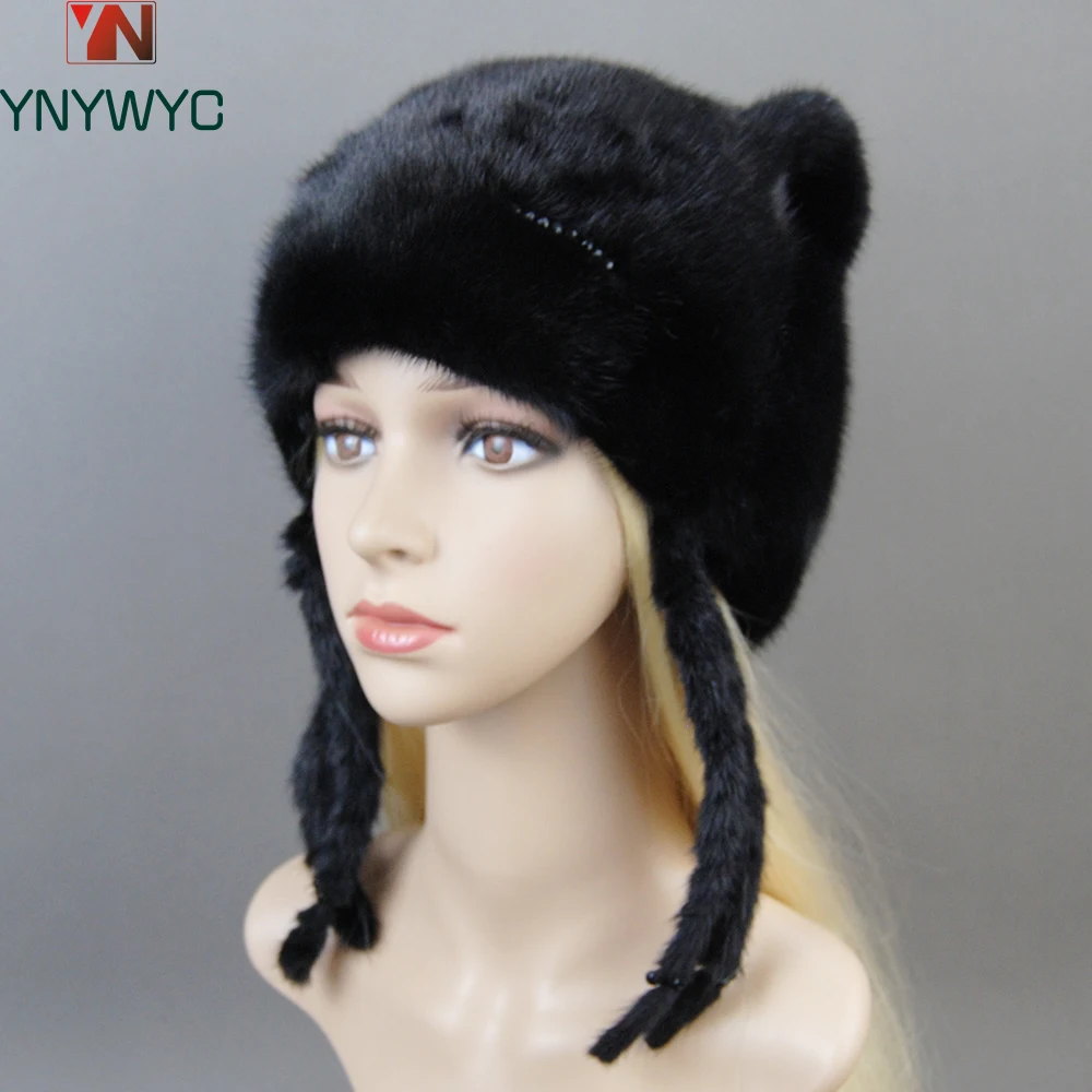 Winter Mink fur Cute cat ears Square cap With Sequins Warm Winter For Women Real Natural Mink Fur Vertical Weaving Winter Hat