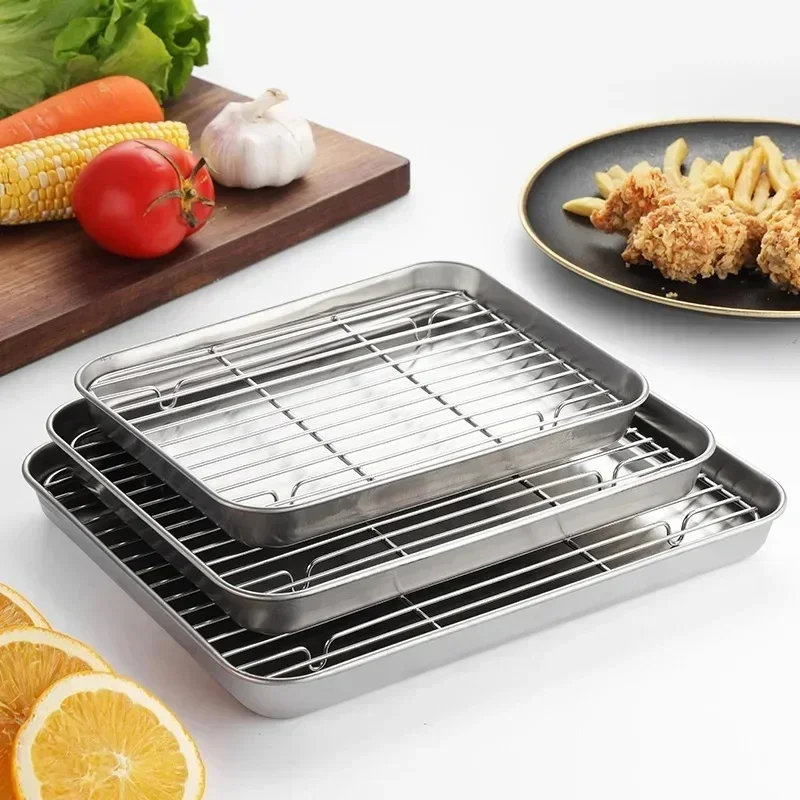 

Stainless Steel Baking Pan Tray with Wire Rack Cake Baking BBQ Pan Tray Plate Oven Brownie Rack Cooking Roasting Grilling Tool
