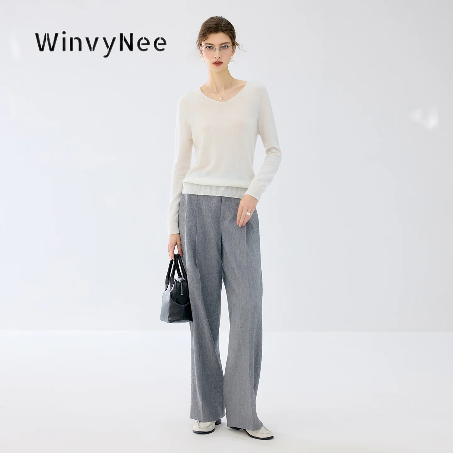 WinvyNee Women Fine Craft Gentle Touch Sweater Cashmere V Neck Long Sleeve Knit Garment Autumn Winter Elegant Base Wear A1944004