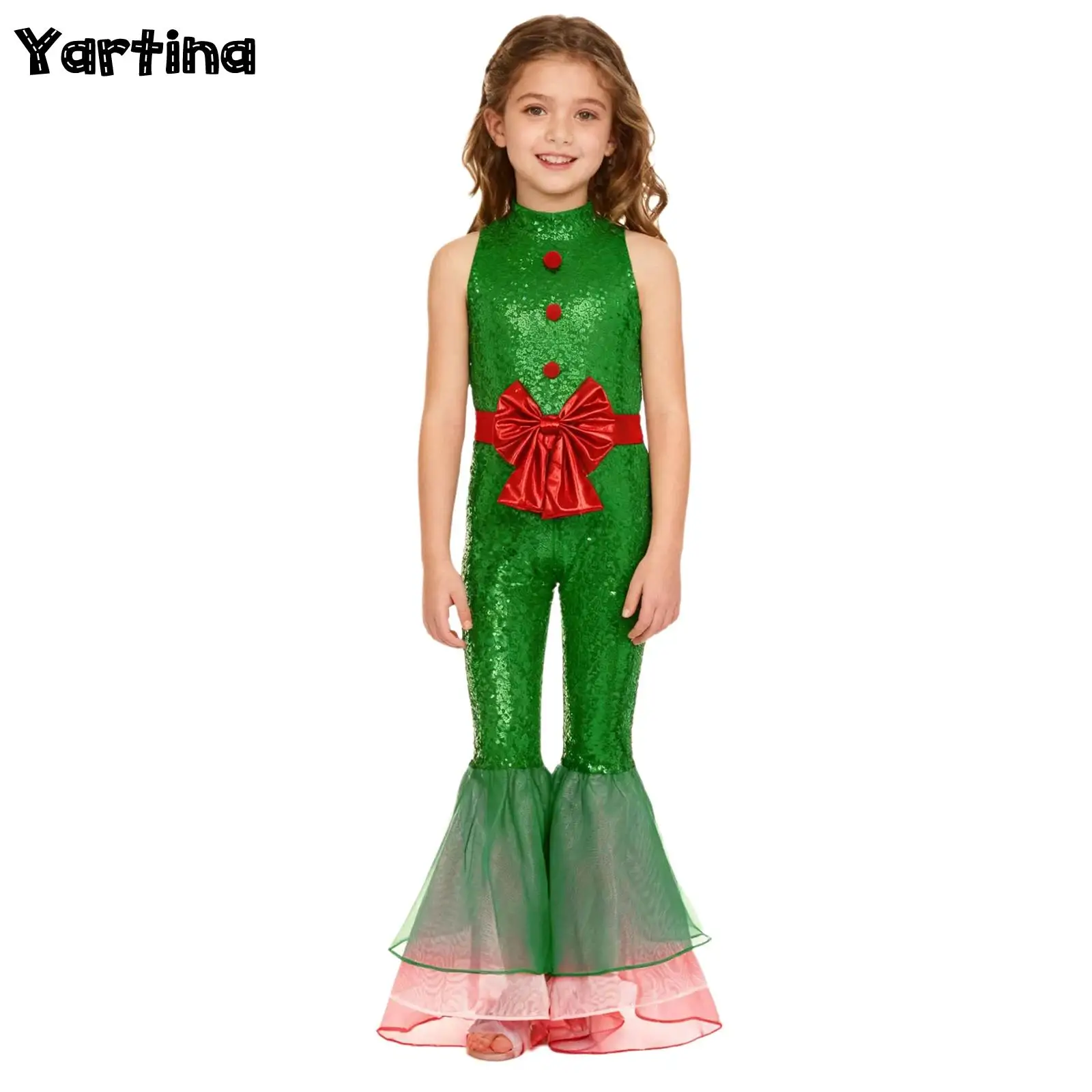 

Girls Sparkly Sequin Christmas Xmas Festival Candy Cane Cosplay Costume Pompom Bowknot Decor Tiered Flared Legs Leotard Jumpsuit