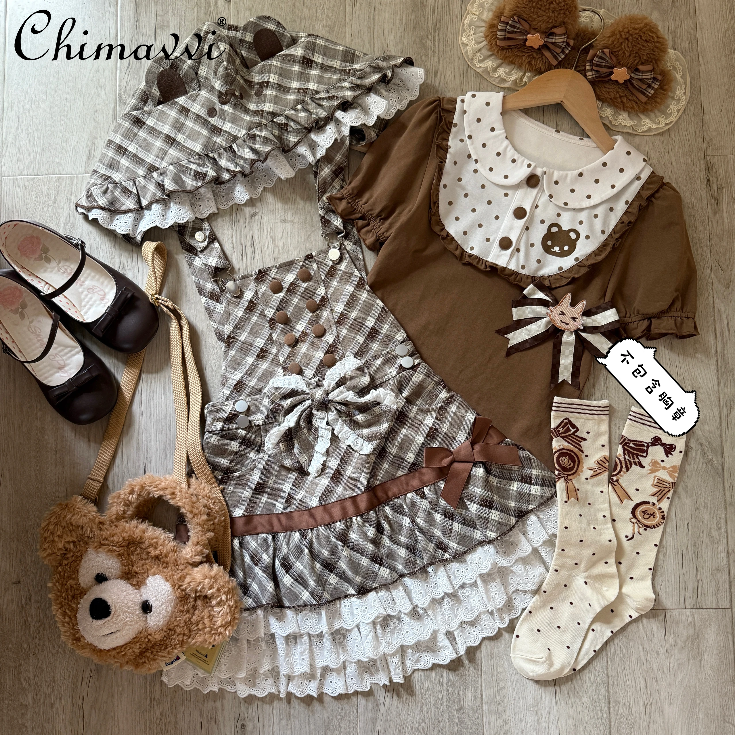 

Sweet and Cute Plaid Dress Set New 2025 Summer Girl Kawaii Bear Hat Embroidered Strap Skirt + Polka Dot Bubble Sleeve Top
