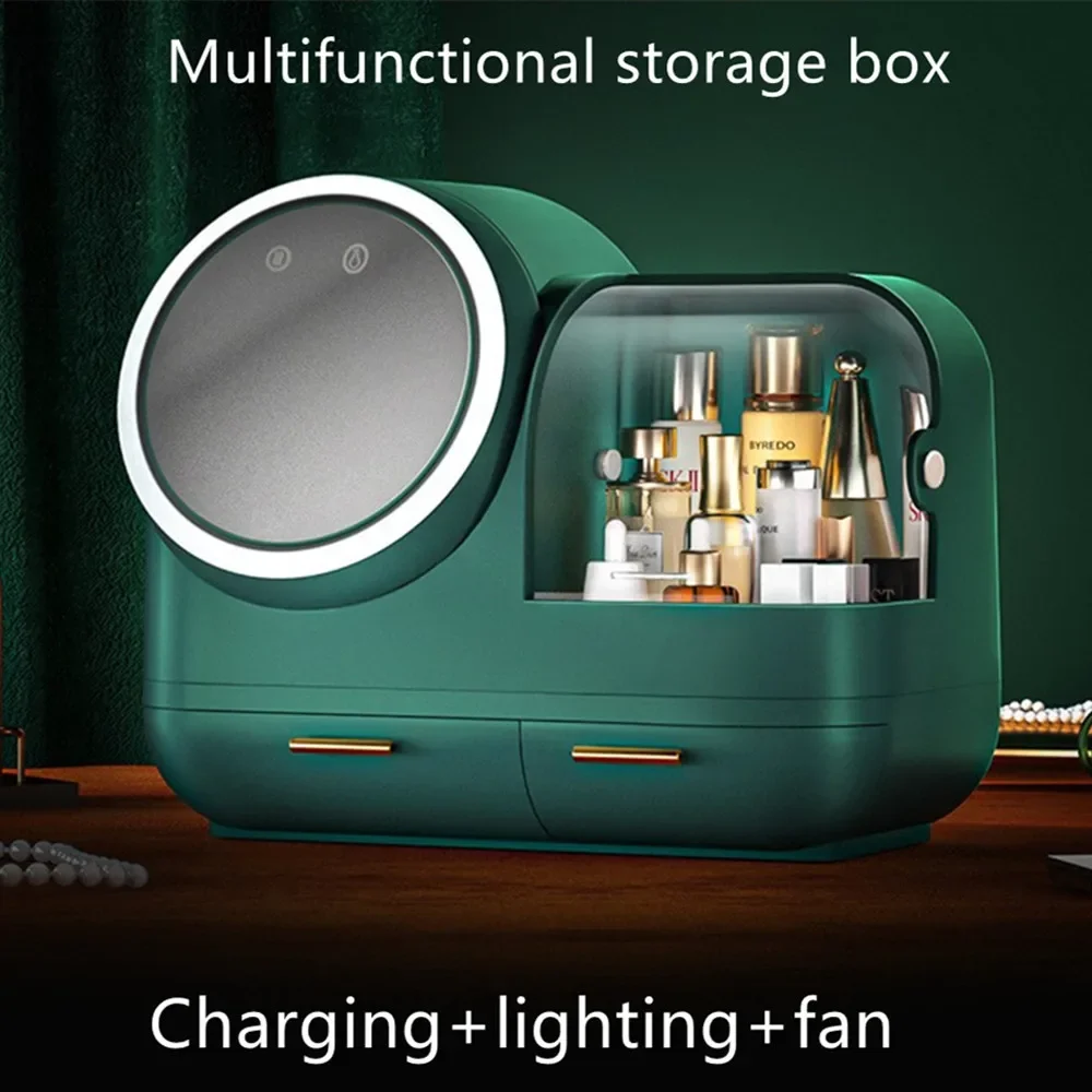 Multifunctional multi grid cosmetic storage box household spin make up mirror charging fan dimming LED light dressing table bag