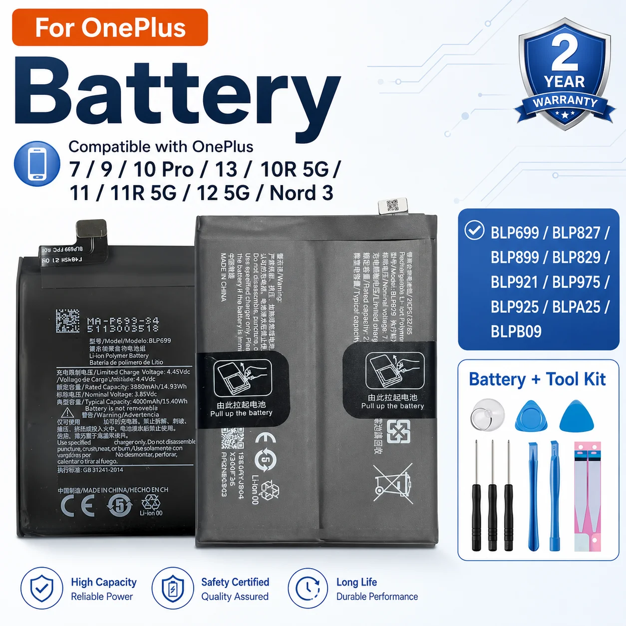 Nouvelle batterie haute capacité BLP699 BLP827 BLP899 BLP829 BLP921 BLP975 BLP925 BLPA25 BLPB09 pour OnePlus 7 9 10 Pro 12 13 10R 11R