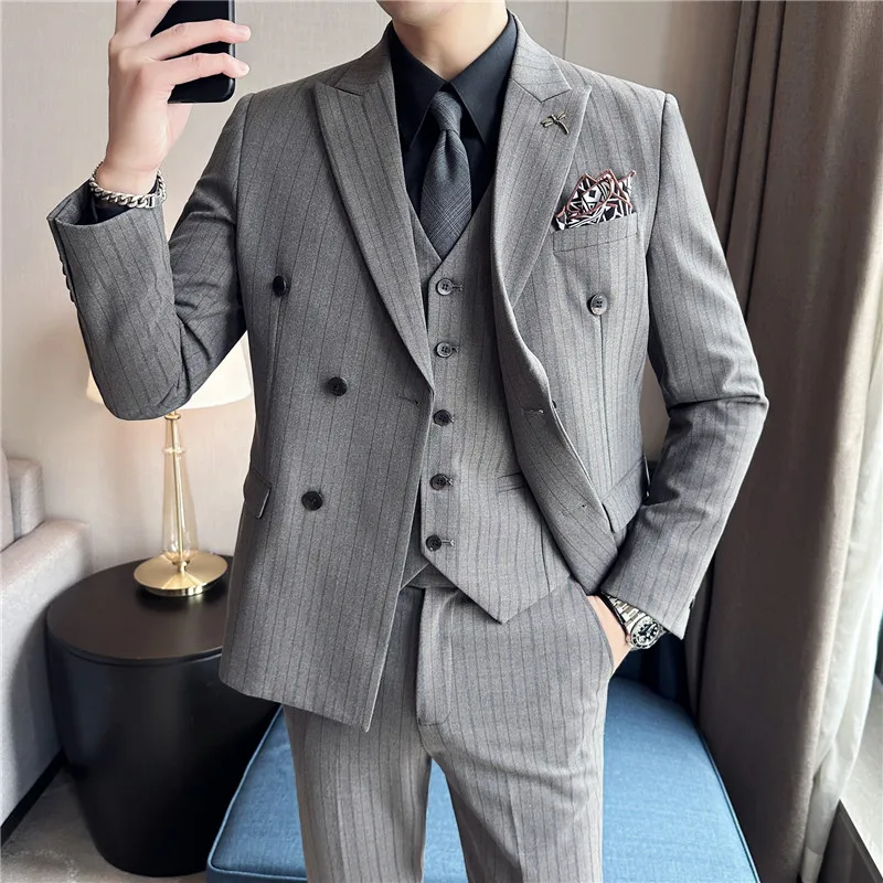 Blazer Set Suits for Men(Jacket + Vest + Pants)three Piece Set stripe Business Casual Slim Fit Formal Dress Groom Tuxedo Wedding