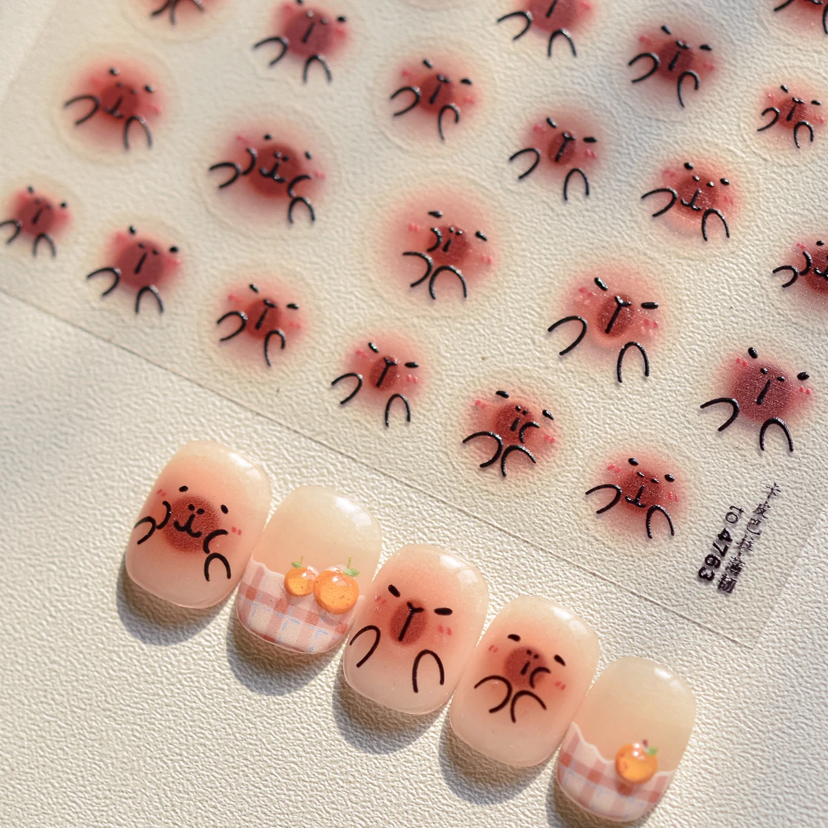 Cute Kapibala Halo Dyeing Kabibara Giant Rat Guinea Pig Cavy Lovely Expression Orange Adhesive Nail Art Stickers Manicure Decals