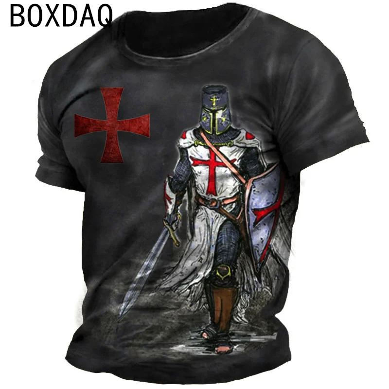 Knights Templar Pattern Tops Fashion Cool Street Personality T-Shirts Summer Short Sleeve O-Neck Loose Tops Big Size Casual Tee