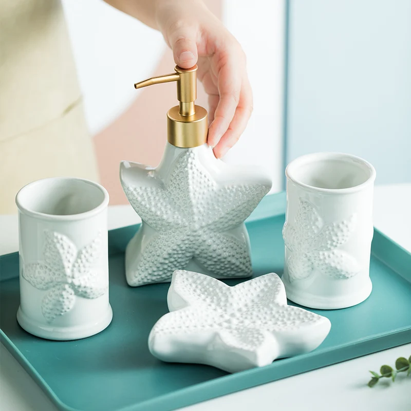 Starfish Shell Shape Bathroom Accessories Kit White Ceramics Soap Dish Liquid Dispenser Shower Gel Bottle Bathing Set Bathroom P