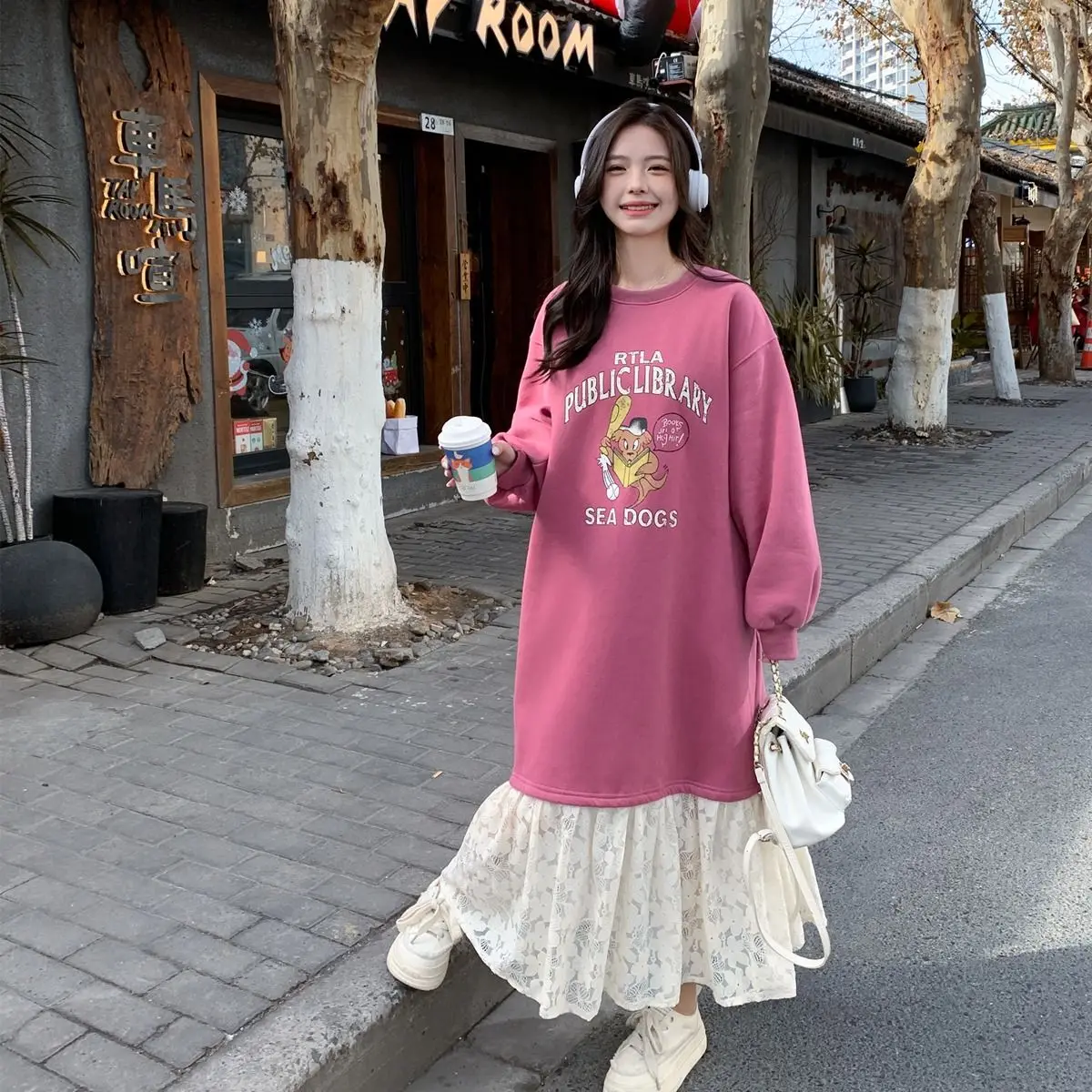 Oversized Loose Dresses Femme Casual Patchwork Lace O-neck Long Sleeve Tshirt Dress Autumn Winter Fashionable Ruffles Long Dress