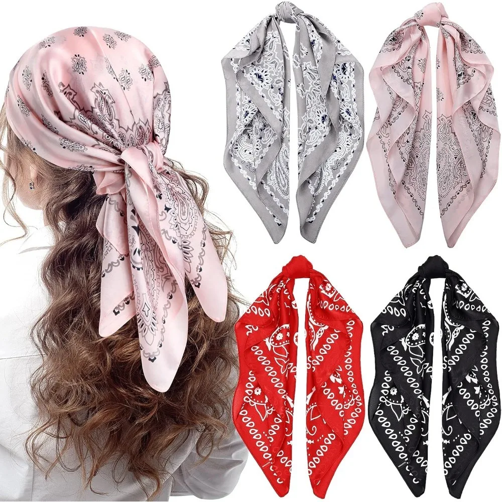 

4 Pcs 27'' Square Satin Head Scarves Satin Bandanas for Women Halloween Headband Silk Feeling Scarves Boho Headwear