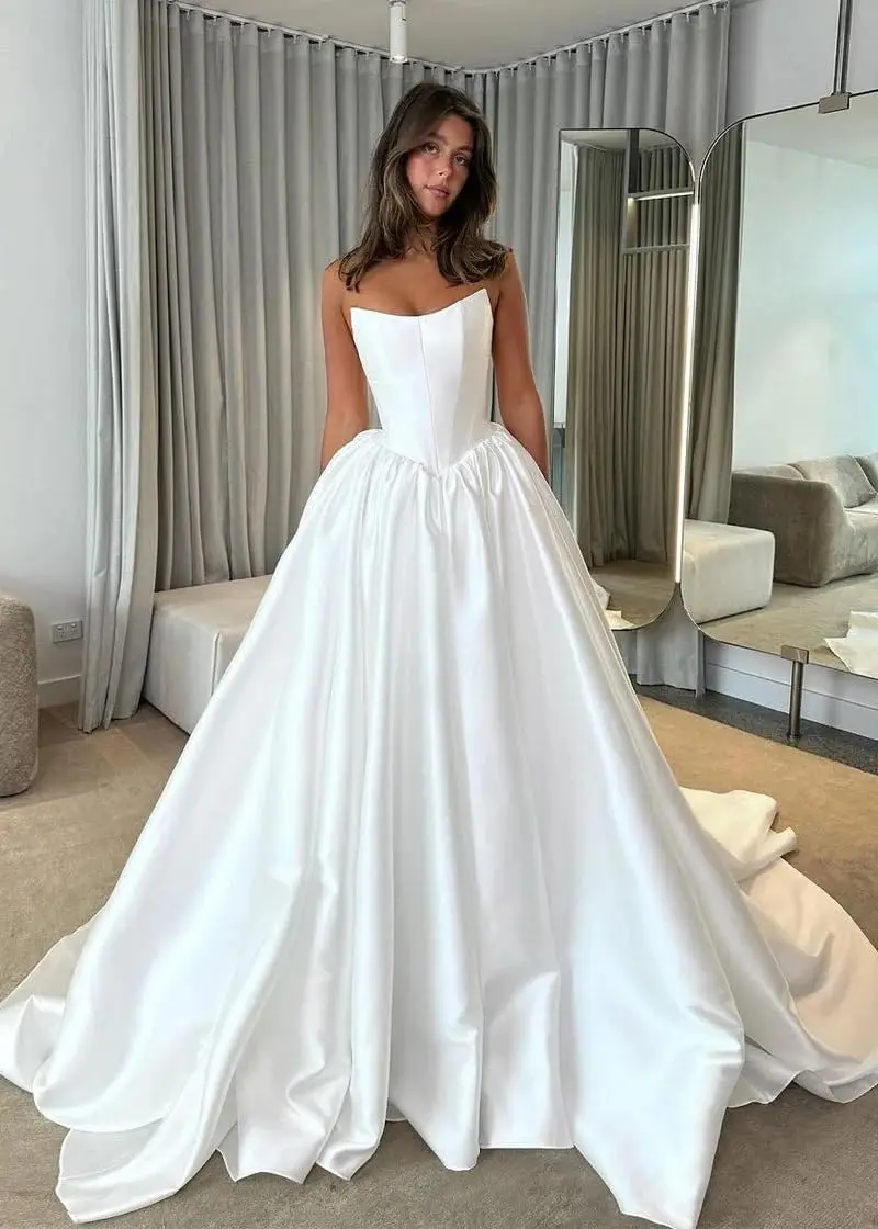 

Strapless Satin Wedding Dresses Long Ball Gown Corset A Line Formal Bridal Dress for Bride