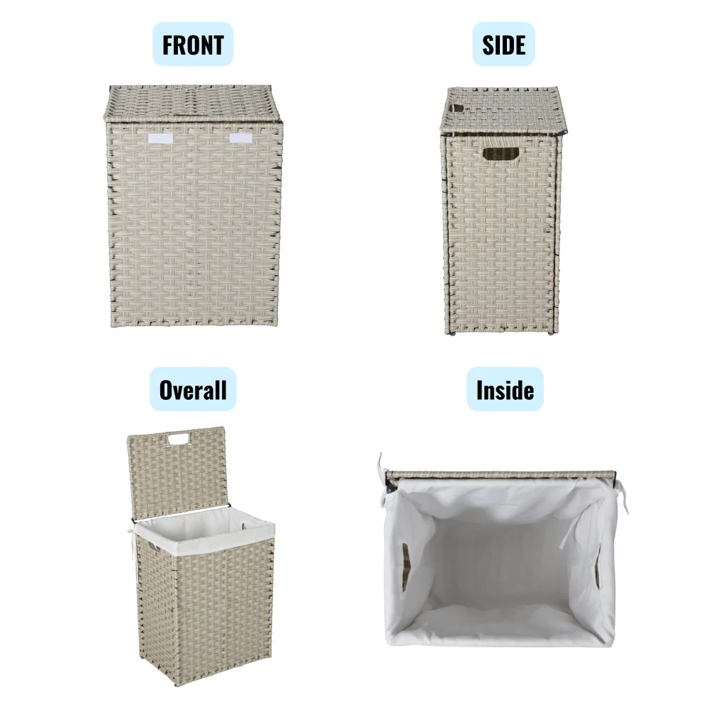 Laundry Hamper With Lid PE Rattan Powder Coating Frame Clothes Hampers with 01 Removable Bags, 100L, Grey Color