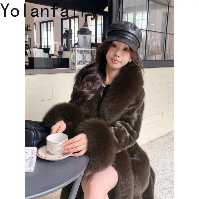YOLANFAIRY Full Pelt Mink Fox Fur Luxury Coat Whole Natural Real Velvet Mink Coat Fur Jacket Woman Long Winter Coat Женскаялюкс