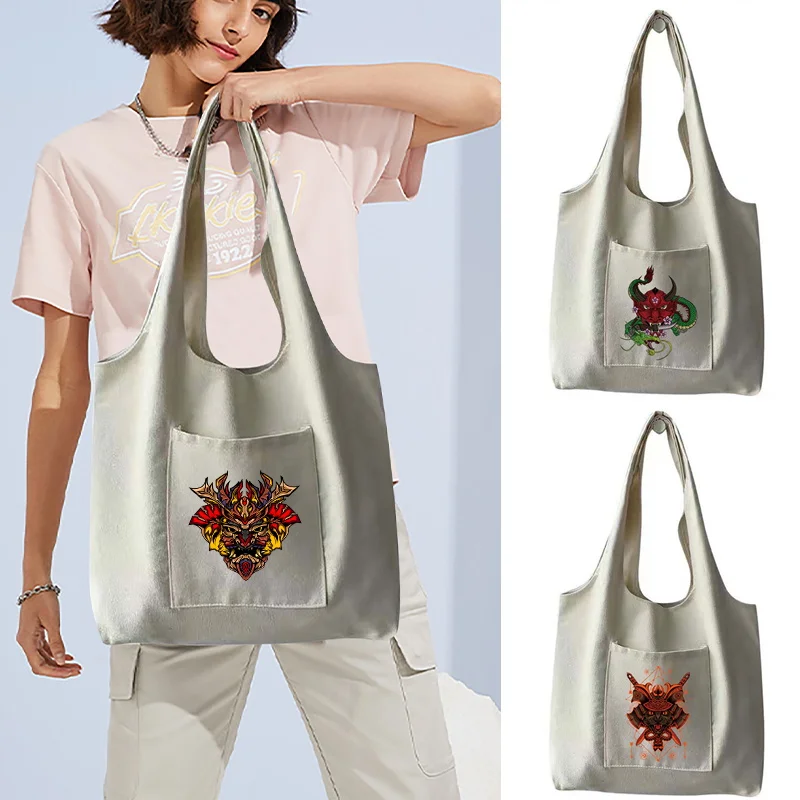 Minimalist Daily Canvas Vest Tote Monster Print Soft Canvas Handbag Multi-purpose Grocery Carry Bag