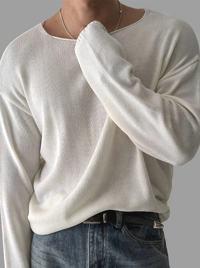 Loose Fit Knitted Long Sleeve U-Neck Men's T-Shirt Furry Comfortable Breathable Youthful American Style round Neck Casual Top