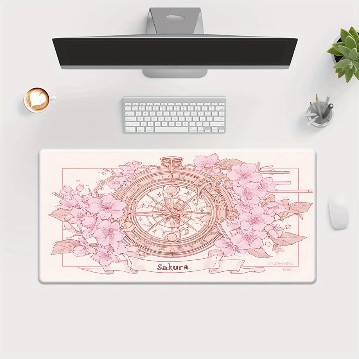 

Pink cherry blossom retro clock design mouse pad anti-slip rubber multi-functional gaming and office computer desktop decoration