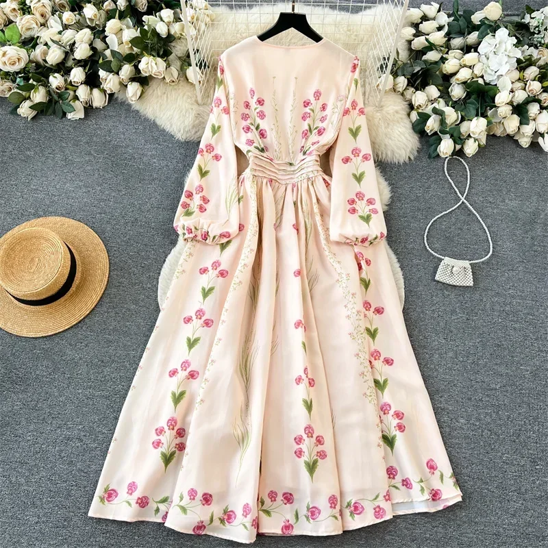 Ladies Elegant Floral Party Dress Tie Front Pleated Waist A-line Long Lantern Sleeves Beach Holiday Dresses Fashion Long Dresses