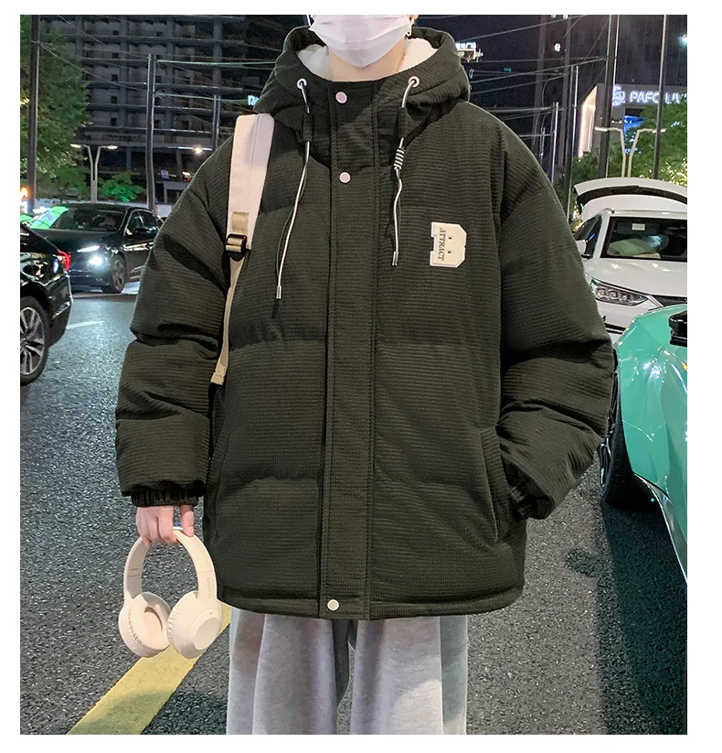2025 Autumn Winter Men's Khaki Caramel Color Lamb Wool Cotton Jacket Black Green Fleece Lined Thickened Warm Hooded Coat