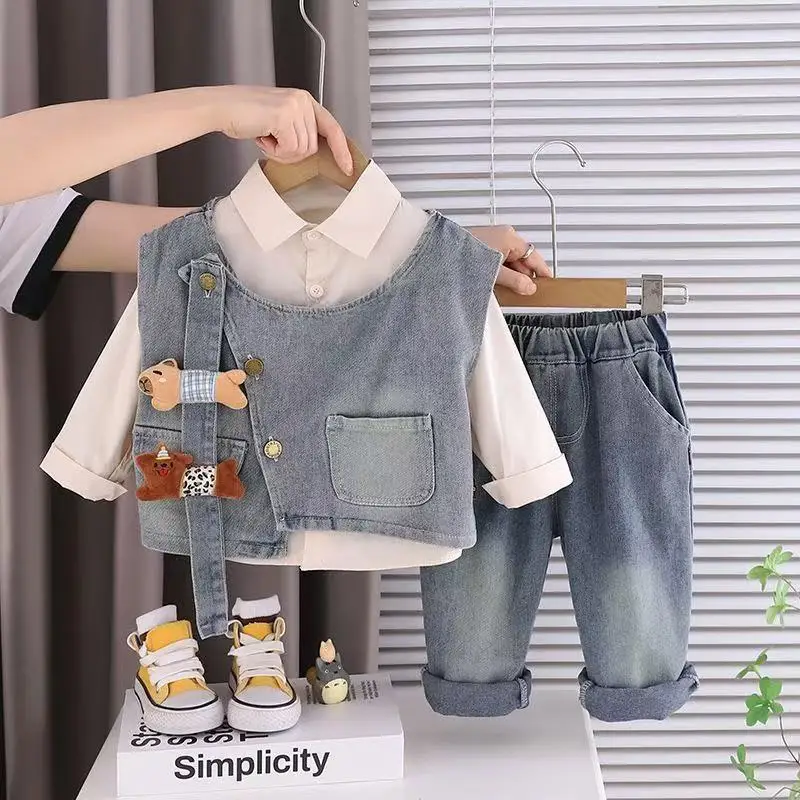 

Boys' Baby Set Spring and Autumn New Children's Korean Edition Vest Shirt+Jeans 3-Piece Set Trendy