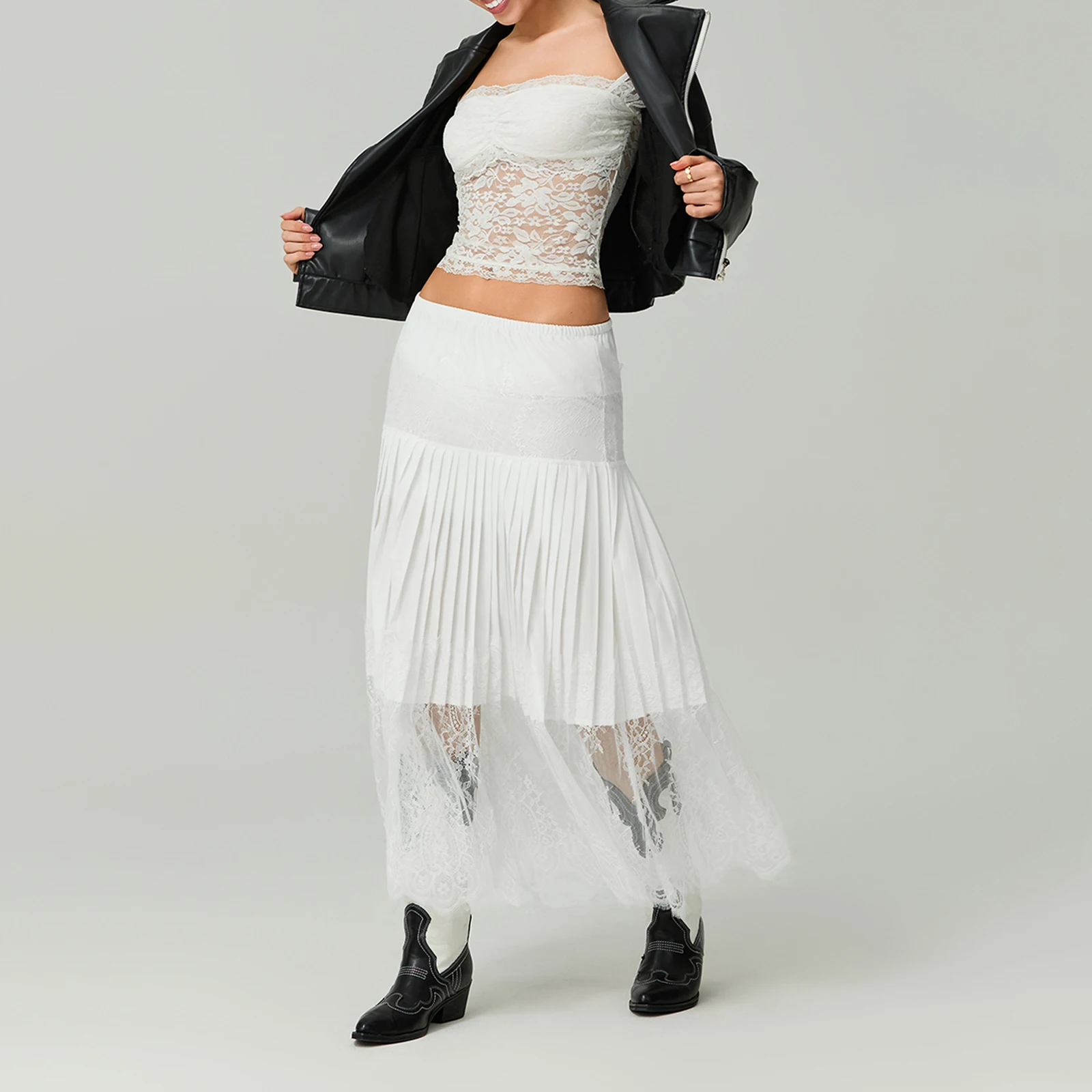 

Casual Solid Color Floral Lace Elastic A-Line Midi Skirt Women Summer High Waist Sexy Pleated Skirt for Beach Vacation Club