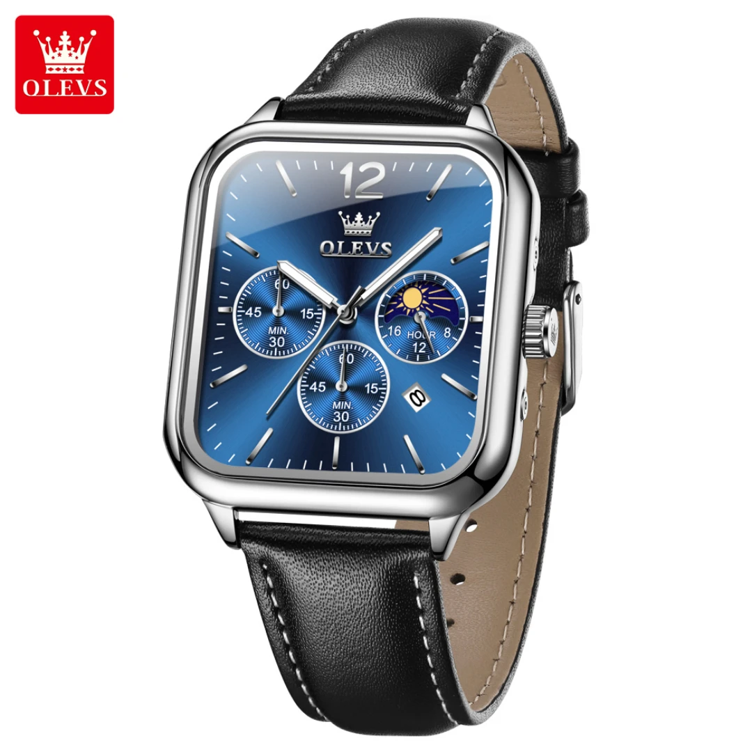 OLEVS 9914 Fashion Quartz Watch Gift Rectangular-dial Leather Watchband Wristwatch Moon Phase Calendar Luminous Small second