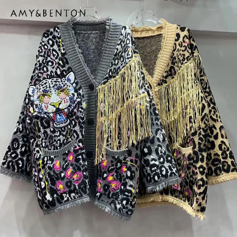 

Raw Fringed Leopard Print Sweater Jacket Women's Autumn Winter 2024 Cartoon Sequins Loose Medium And Long Knitted Cardigan Top