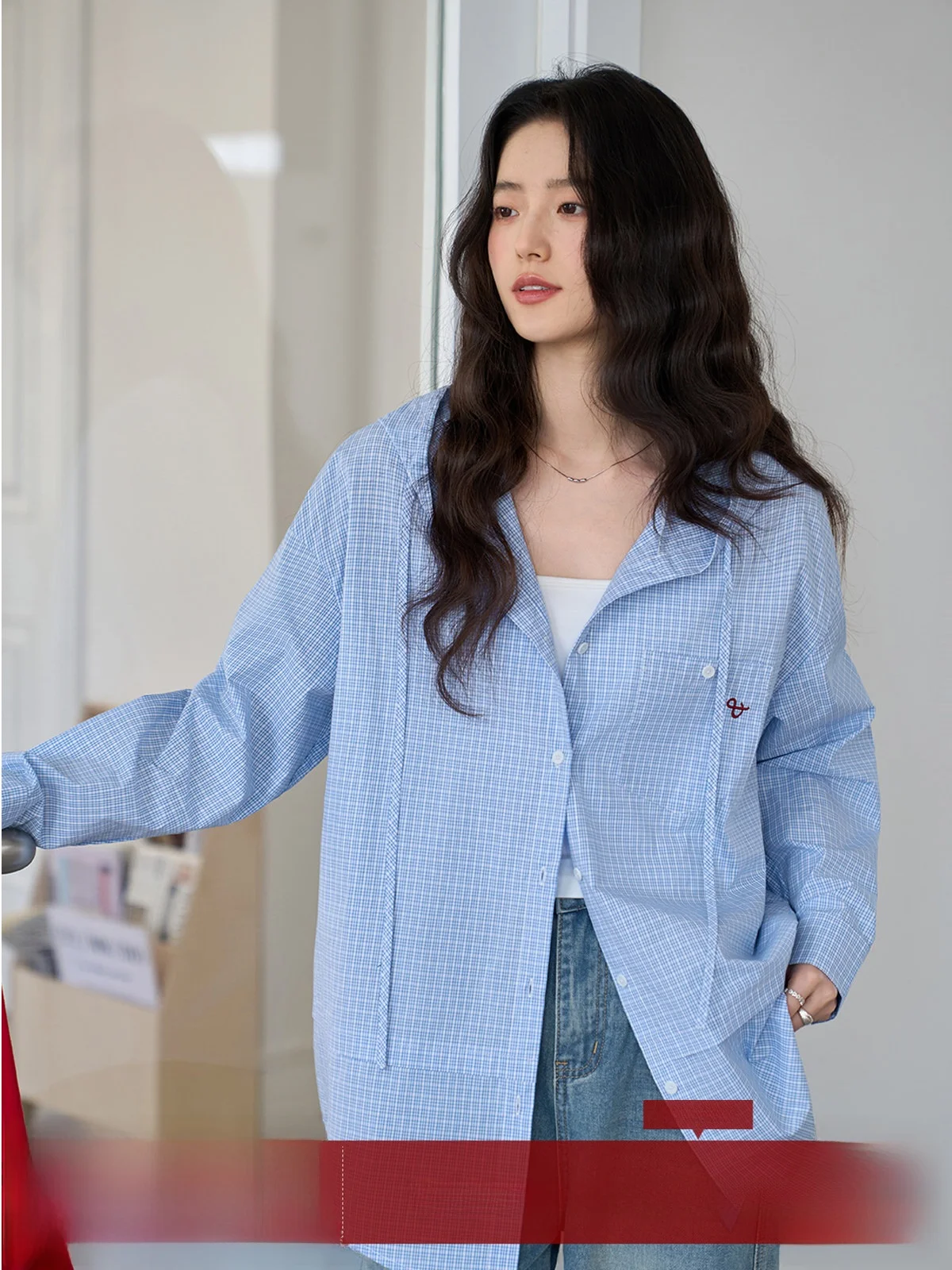 

Loose Blue Plaid Long Sve Hoodie Women's irt Spring 2026 New Sle Slimming Color Blo Commute Wind Korean Version