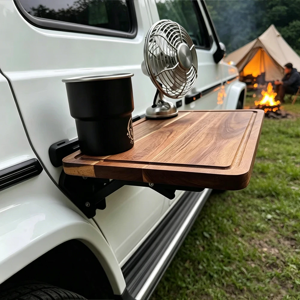 1PC Car Side Folding Wooden Table Outdoor Camping Vehicle Door Mount Tray Auto Cup Holder Storage Rack SUV Travel Accessory view 2