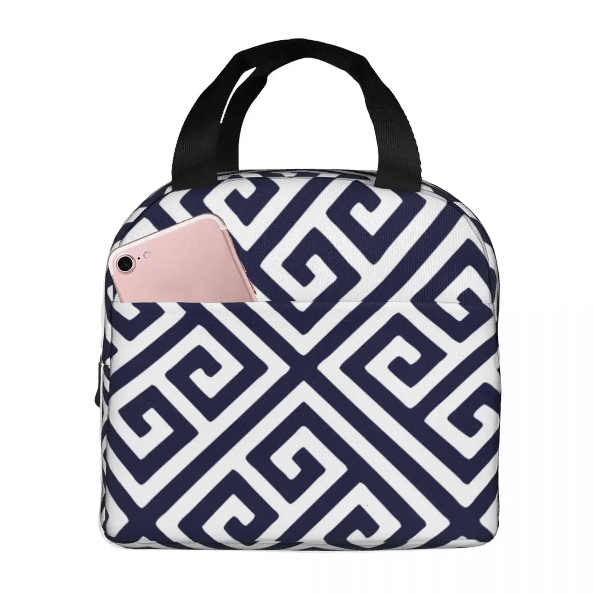 Lunch Bag for Women Kids Greek Key Navy Blue And White Diagonal Thermal Cooler Portable Picnic Travel Oxford Tote Handbags