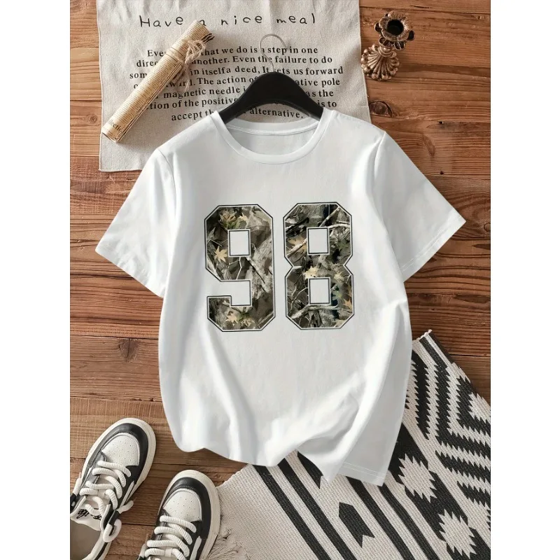 

Женская футболка с круглым вырезом и короткими рукавами, 98, повседневные топы с камуфляжным принтом ветки дерева, весенне-летняя базовая футболка