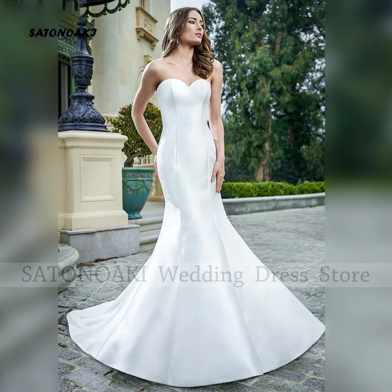 Robe de Mariée Sirène en Satin, Élégante et Simple, Personnalisée, Sans Bretelles, avec Traîne de Balayage et Lacets dans le Dos