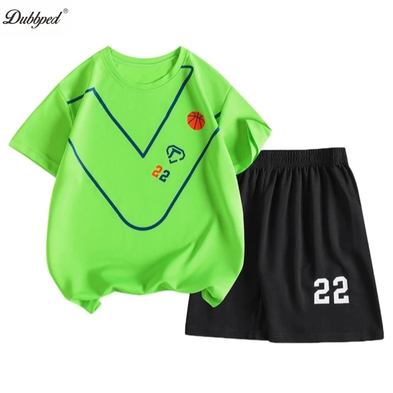 Boys Girls Sport Clothing Sets Summer Big Kids Loose Clothes Suit Short Sleeve Tops+Shorts 2Pcs Children Sports Handsome Outfits