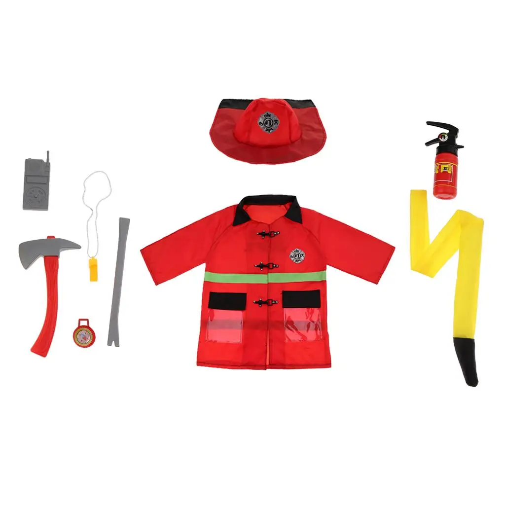 Childrens Fire Chief Dress Up Toy Set with Accessories Halloween Cosplay Polyester Role Play Suit for Kids