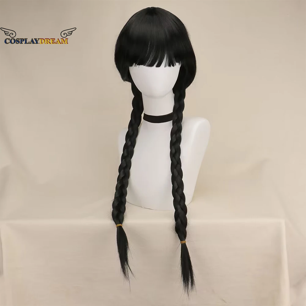 Filme quarta-feira addams cosplay peruca preto longo tranças cabelo resistente ao calor perucas sintéticas com franja para festa de halloween